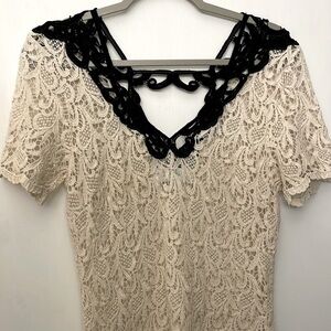 Cream Crochet Deep V-neck Dress with Black Trim